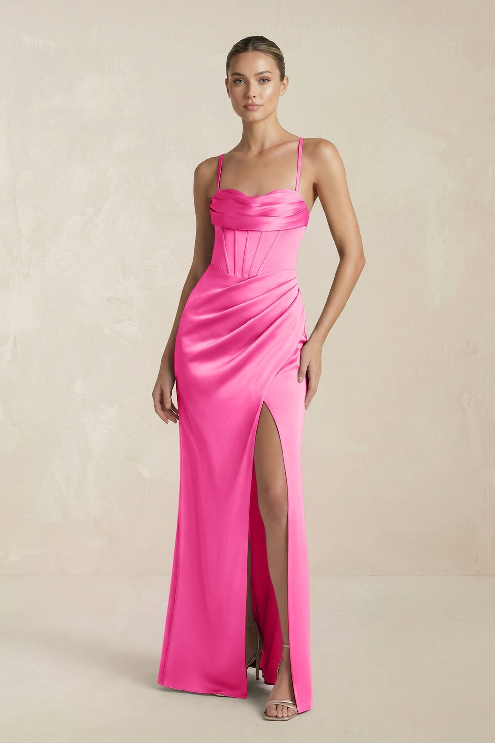 Cami Strap Corset Sheath Satin Ruched Bridesmaid Dress in Bon Bon Pink - SHE IS ME Bridesmaid Dresses