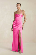 Cami Strap Corset Sheath Satin Ruched Bridesmaid Dress in Bon Bon Pink - KISS BRIDAL Bridesmaid Dresses