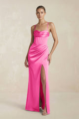 Cami Strap Corset Sheath Satin Ruched Bridesmaid Dress in Bon Bon Pink - KISS BRIDAL Bridesmaid Dresses