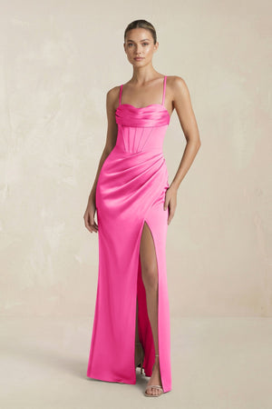 Cami Strap Corset Sheath Satin Ruched Bridesmaid Dress in Bon Bon Pink - KISS BRIDAL Bridesmaid Dresses