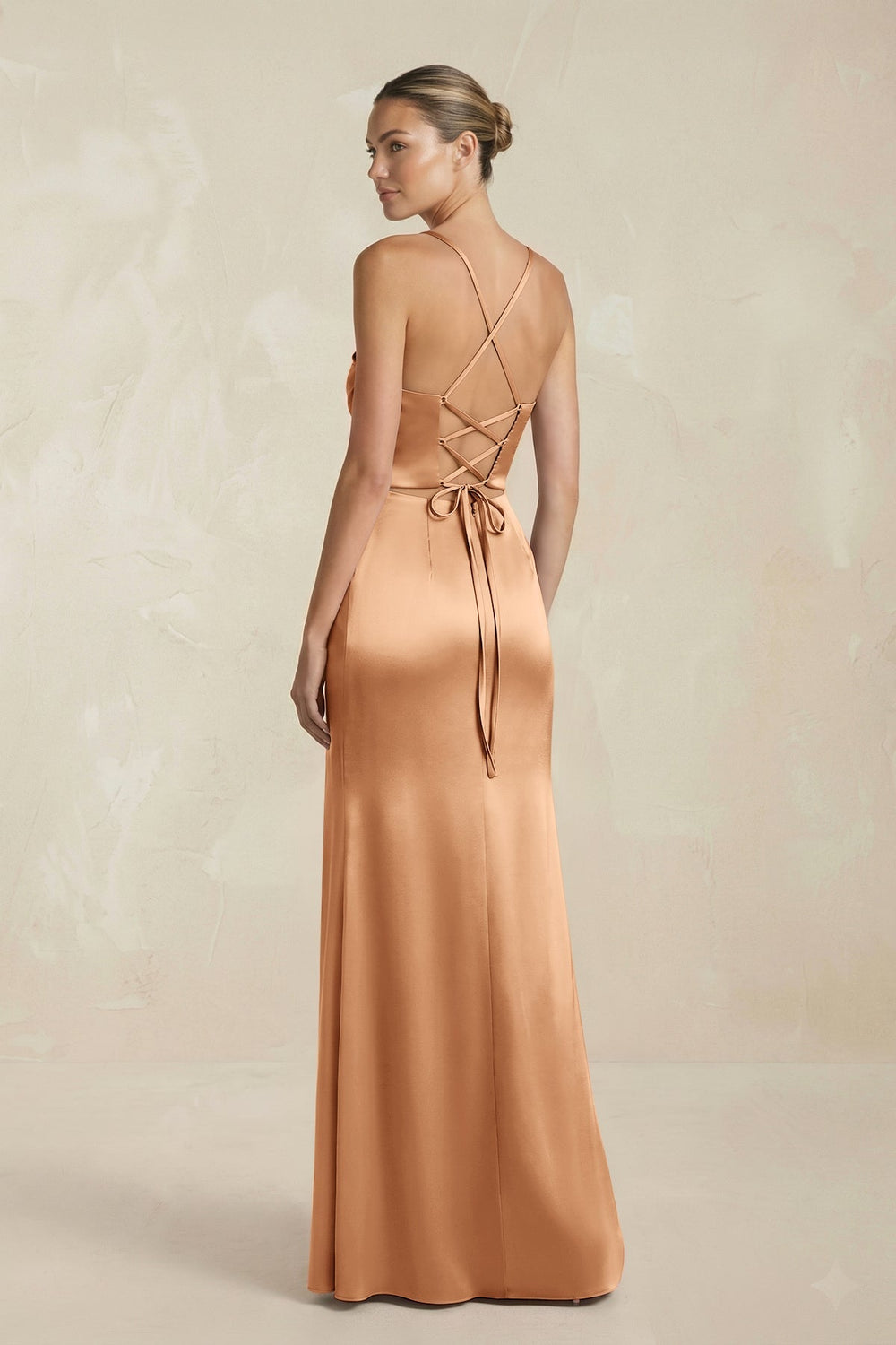 Cami Strap Corset Sheath Satin Ruched Bridesmaid Dress in Bronzer - SHE IS ME Bridesmaid Dresses