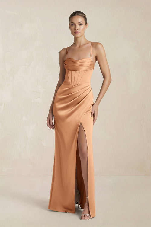 Cami Strap Corset Sheath Satin Ruched Bridesmaid Dress in Bronzer - KISS BRIDAL Bridesmaid Dresses