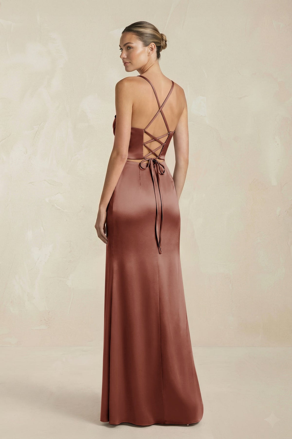 Cami Strap Corset Sheath Satin Ruched Bridesmaid Dress in Brown - SHE IS ME Bridesmaid Dresses