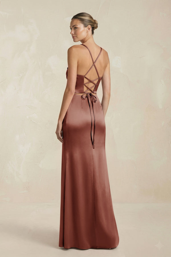 Cami Strap Corset Sheath Satin Ruched Bridesmaid Dress in Brown - KISS BRIDAL Bridesmaid Dresses