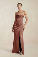 Cami Strap Corset Sheath Satin Ruched Bridesmaid Dress in Brown - KISS BRIDAL Bridesmaid Dresses