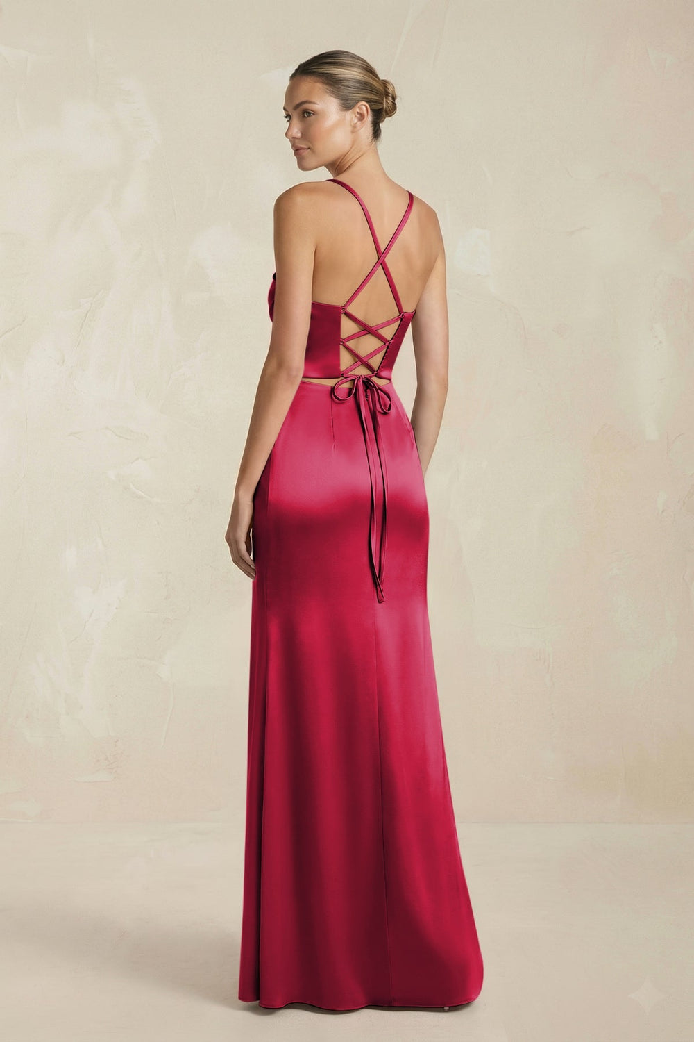 Cami Strap Corset Sheath Satin Ruched Bridesmaid Dress in Burgundy - SHE IS ME Bridesmaid Dresses