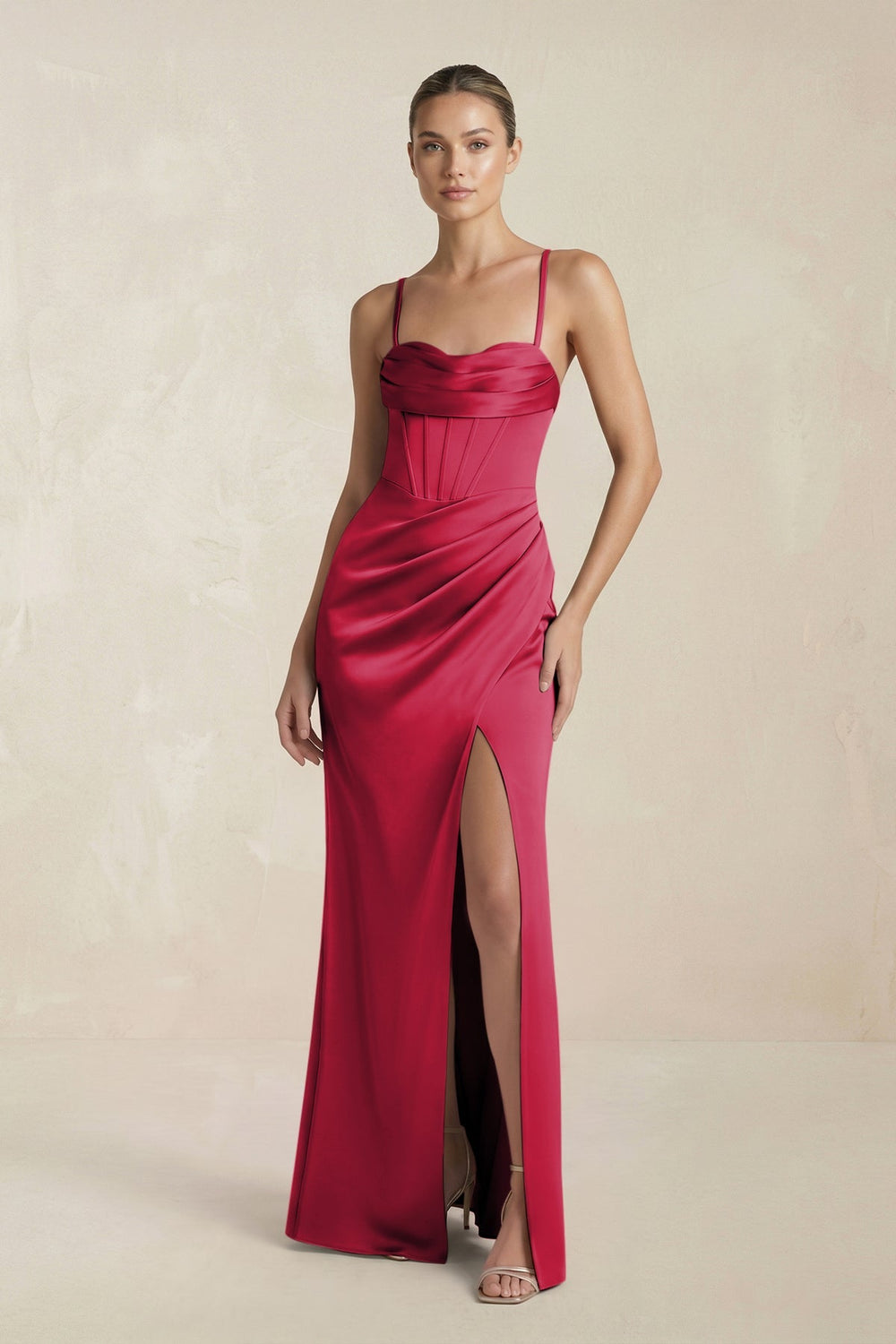 Cami Strap Corset Sheath Satin Ruched Bridesmaid Dress in Burgundy - SHE IS ME Bridesmaid Dresses