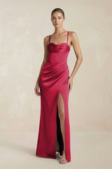 Cami Strap Corset Sheath Satin Ruched Bridesmaid Dress in Burgundy - KISS BRIDAL Bridesmaid Dresses