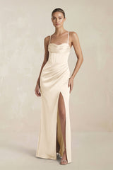 Cami Strap Corset Sheath Satin Ruched Bridesmaid Dress in Buttercream - KISS BRIDAL Bridesmaid Dresses