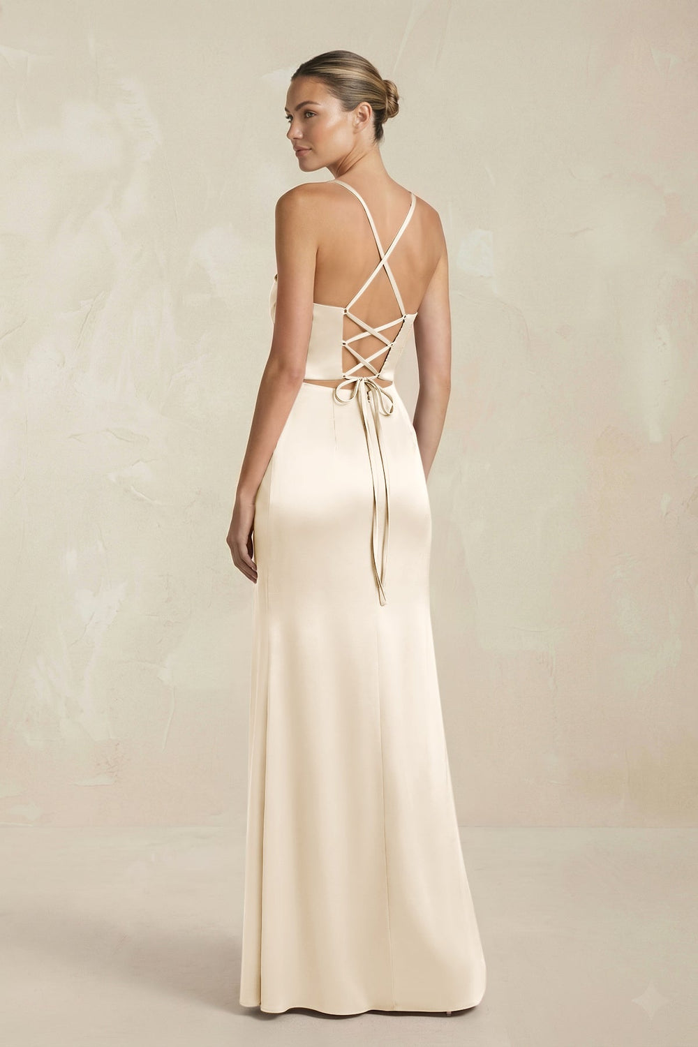 Cami Strap Corset Sheath Satin Ruched Bridesmaid Dress in Buttercream - SHE IS ME Bridesmaid Dresses