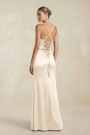 Cami Strap Corset Sheath Satin Ruched Bridesmaid Dress in Buttercream - KISS BRIDAL Bridesmaid Dresses