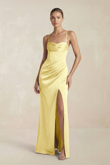 Cami Strap Corset Sheath Satin Ruched Bridesmaid Dress in Buttercup - KISS BRIDAL Bridesmaid Dresses