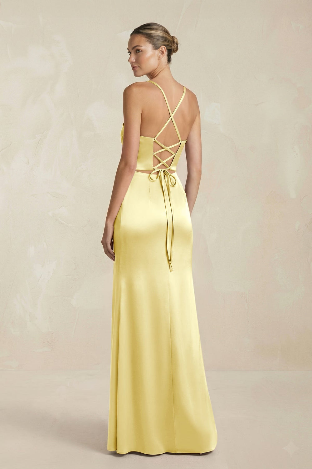 Cami Strap Corset Sheath Satin Ruched Bridesmaid Dress in Buttercup - KISS BRIDAL Bridesmaid Dresses