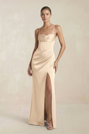 Cami Strap Corset Sheath Satin Ruched Bridesmaid Dress in Champagne - KISS BRIDAL Bridesmaid Dresses