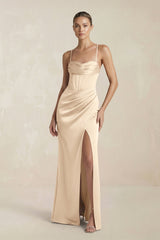 Cami Strap Corset Sheath Satin Ruched Bridesmaid Dress in Champagne - KISS BRIDAL Bridesmaid Dresses