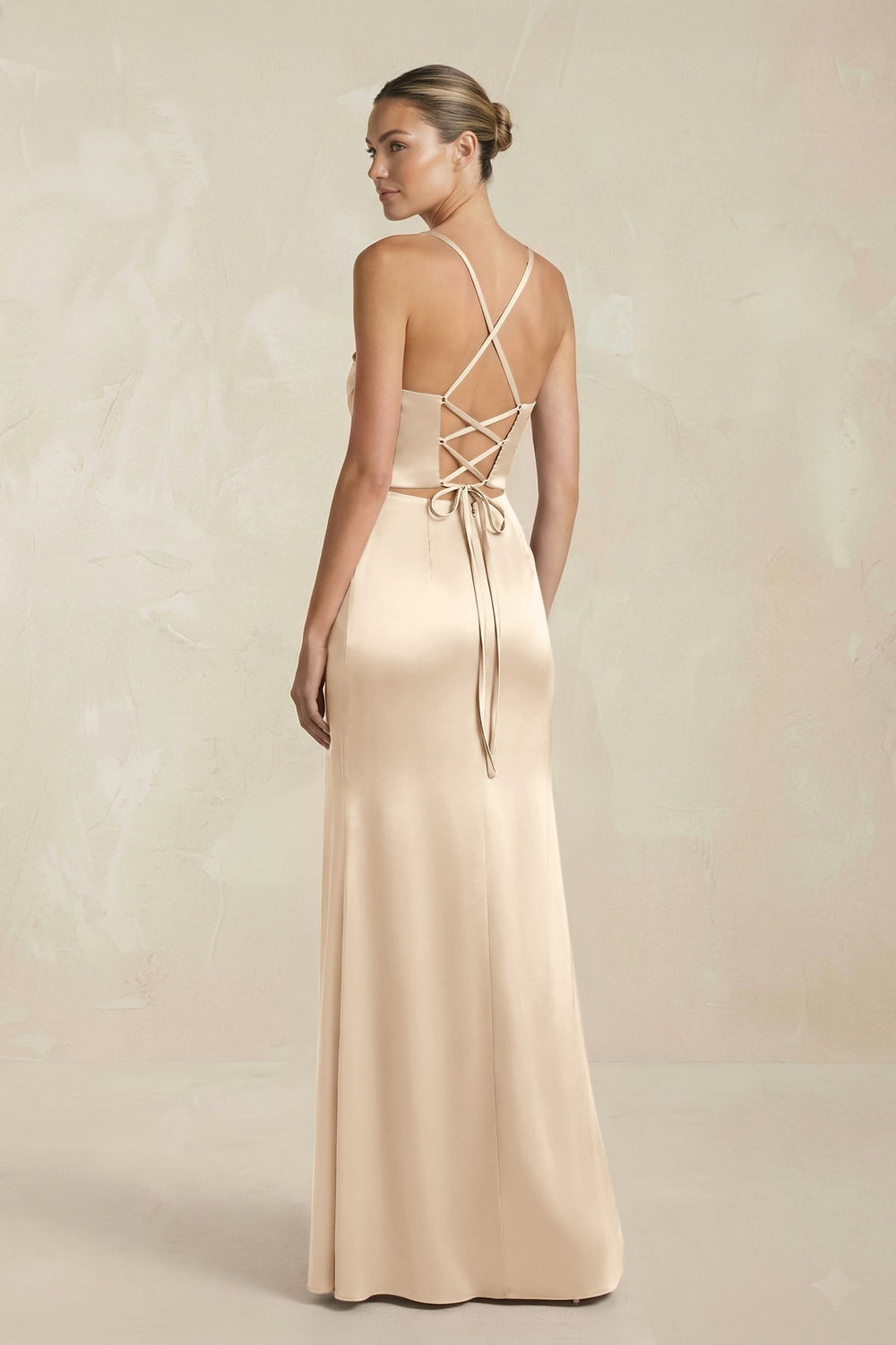 Cami Strap Corset Sheath Satin Ruched Bridesmaid Dress in Champagne - KISS BRIDAL Bridesmaid Dresses