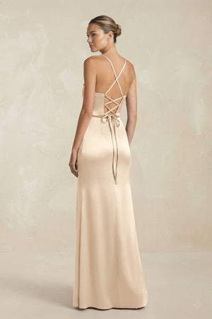 Cami Strap Corset Sheath Satin Ruched Bridesmaid Dress in Champagne - KISS BRIDAL Bridesmaid Dresses