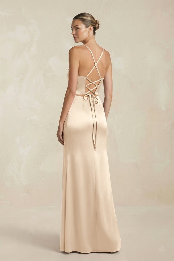 Cami Strap Corset Sheath Satin Ruched Bridesmaid Dress in Champagne - KISS BRIDAL Bridesmaid Dresses