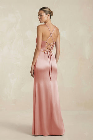Cami Strap Corset Sheath Satin Ruched Bridesmaid Dress in Champagne Rose - KISS BRIDAL Bridesmaid Dresses