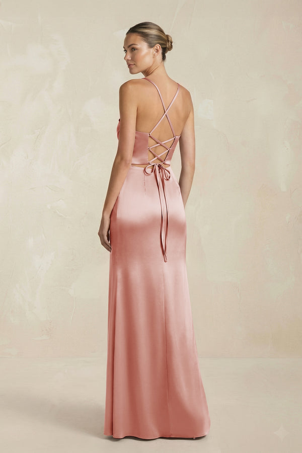 Cami Strap Corset Sheath Satin Ruched Bridesmaid Dress in Champagne Rose - KISS BRIDAL Bridesmaid Dresses