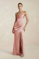 Cami Strap Corset Sheath Satin Ruched Bridesmaid Dress in Champagne Rose - KISS BRIDAL Bridesmaid Dresses