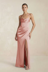 Cami Strap Corset Sheath Satin Ruched Bridesmaid Dress in Champagne Rose - KISS BRIDAL Bridesmaid Dresses