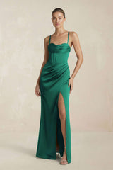 Cami Strap Corset Sheath Satin Ruched Bridesmaid Dress in Dark Green - KISS BRIDAL Bridesmaid Dresses