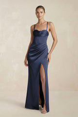 Cami Strap Corset Sheath Satin Ruched Bridesmaid Dress in Dark Navy - KISS BRIDAL Bridesmaid Dresses