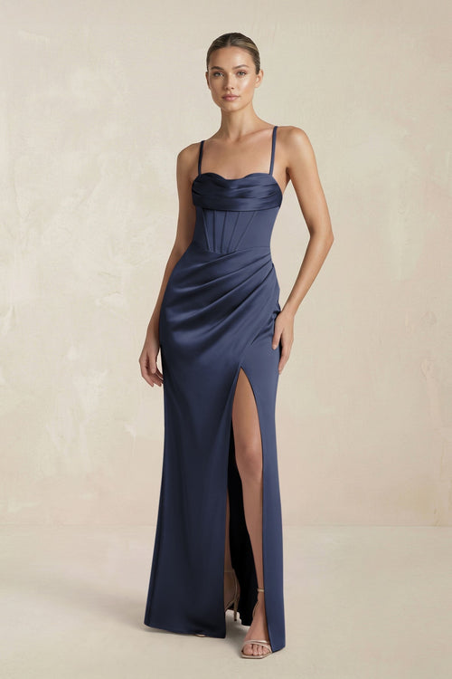 Cami Strap Corset Sheath Satin Ruched Bridesmaid Dress in Dark Navy - KISS BRIDAL Bridesmaid Dresses