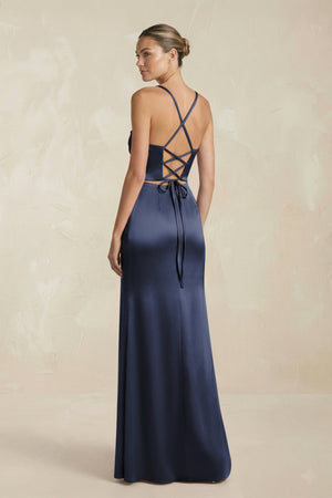 Cami Strap Corset Sheath Satin Ruched Bridesmaid Dress in Dark Navy - KISS BRIDAL Bridesmaid Dresses