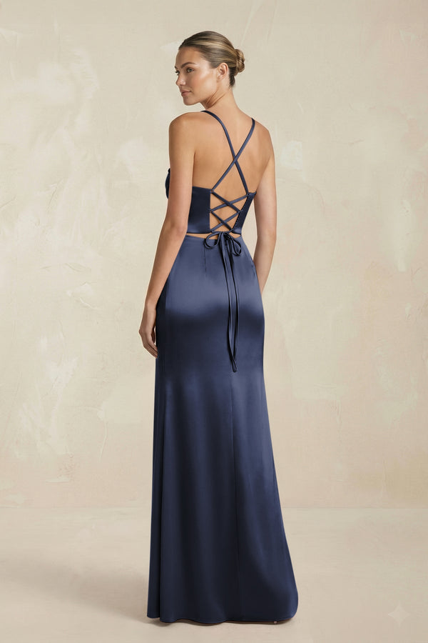 Cami Strap Corset Sheath Satin Ruched Bridesmaid Dress in Dark Navy - KISS BRIDAL Bridesmaid Dresses