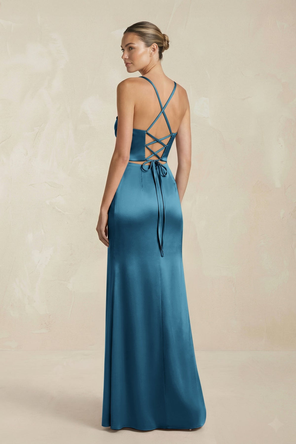 Cami Strap Corset Sheath Satin Ruched Bridesmaid Dress in Dark Teal - SHE IS ME Bridesmaid Dresses