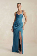 Cami Strap Corset Sheath Satin Ruched Bridesmaid Dress in Dark Teal - KISS BRIDAL Bridesmaid Dresses