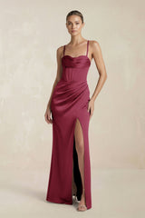 Cami Strap Corset Sheath Satin Ruched Bridesmaid Dress in Desert Rose - KISS BRIDAL Bridesmaid Dresses