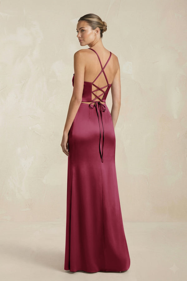 Cami Strap Corset Sheath Satin Ruched Bridesmaid Dress in Desert Rose - KISS BRIDAL Bridesmaid Dresses
