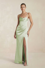 Cami Strap Corset Sheath Satin Ruched Bridesmaid Dress in Dusty Sage - KISS BRIDAL Bridesmaid Dresses