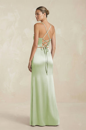 Cami Strap Corset Sheath Satin Ruched Bridesmaid Dress in Dusty Sage - KISS BRIDAL Bridesmaid Dresses