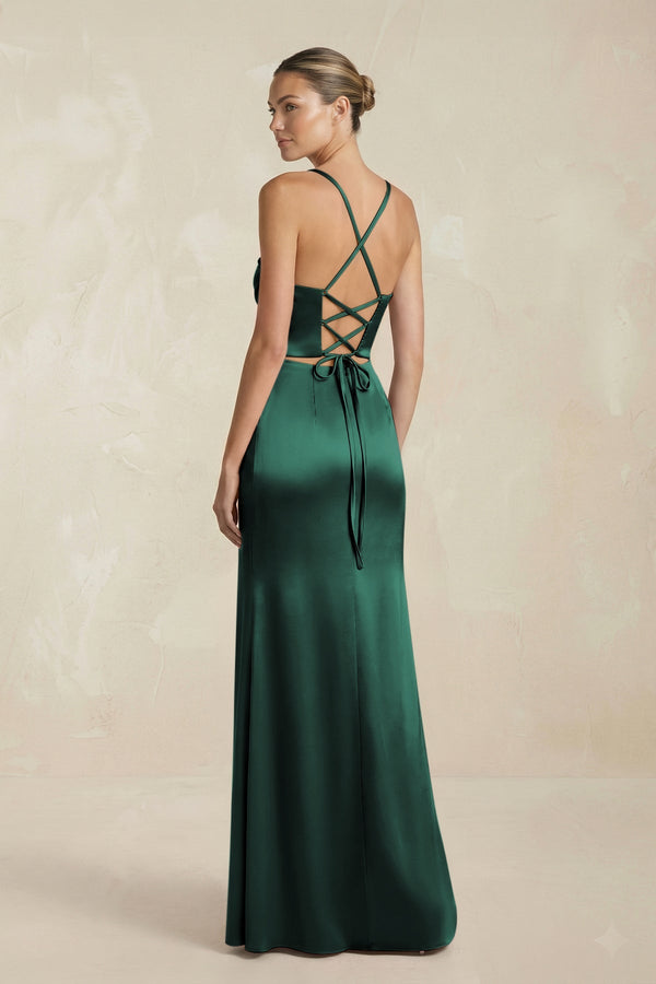 Cami Strap Corset Sheath Satin Ruched Bridesmaid Dress in Emerald - KISS BRIDAL Bridesmaid Dresses