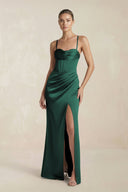 Cami Strap Corset Sheath Satin Ruched Bridesmaid Dress in Emerald - KISS BRIDAL Bridesmaid Dresses