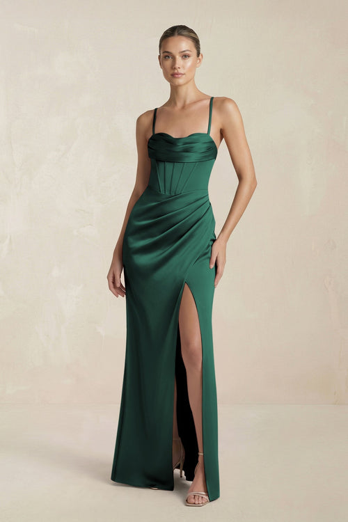 Cami Strap Corset Sheath Satin Ruched Bridesmaid Dress in Emerald - KISS BRIDAL Bridesmaid Dresses