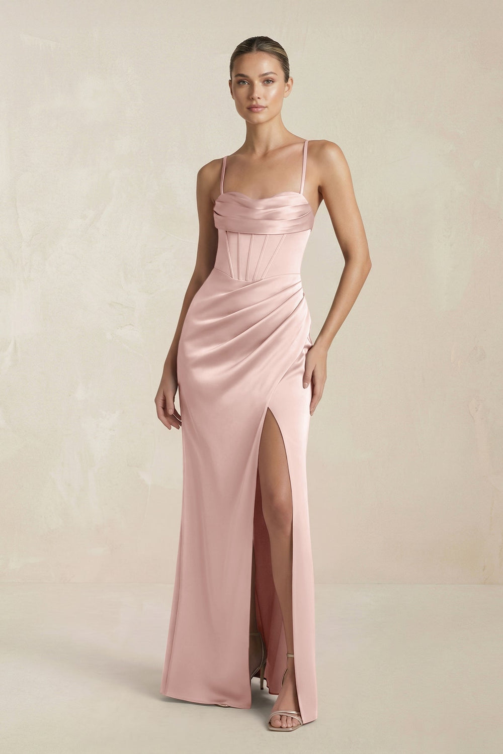 Cami Strap Corset Sheath Satin Ruched Bridesmaid Dress in English Rose - KISS BRIDAL Bridesmaid Dresses