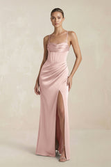Cami Strap Corset Sheath Satin Ruched Bridesmaid Dress in English Rose - KISS BRIDAL Bridesmaid Dresses