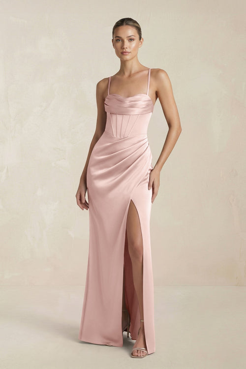 Cami Strap Corset Sheath Satin Ruched Bridesmaid Dress in English Rose - KISS BRIDAL Bridesmaid Dresses