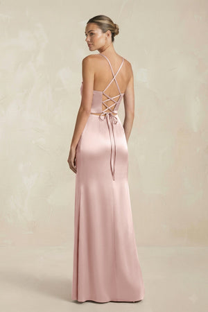 Cami Strap Corset Sheath Satin Ruched Bridesmaid Dress in English Rose - KISS BRIDAL Bridesmaid Dresses
