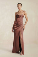 Cami Strap Corset Sheath Satin Ruched Bridesmaid Dress in Espresso - KISS BRIDAL Bridesmaid Dresses