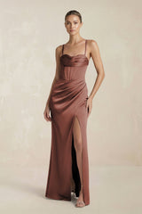 Cami Strap Corset Sheath Satin Ruched Bridesmaid Dress in Espresso - KISS BRIDAL Bridesmaid Dresses