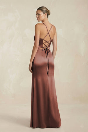 Cami Strap Corset Sheath Satin Ruched Bridesmaid Dress in Espresso - KISS BRIDAL Bridesmaid Dresses
