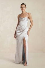 Cami Strap Corset Sheath Satin Ruched Bridesmaid Dress in Frost - KISS BRIDAL Bridesmaid Dresses