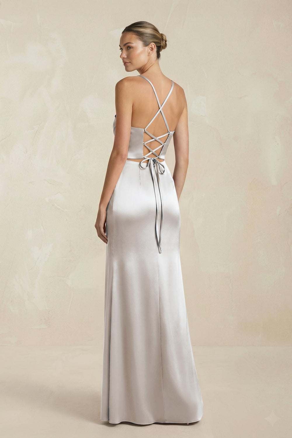 Cami Strap Corset Sheath Satin Ruched Bridesmaid Dress in Frost - SHE IS ME Bridesmaid Dresses