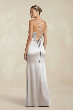Cami Strap Corset Sheath Satin Ruched Bridesmaid Dress in Frost - SHE IS ME Bridesmaid Dresses
